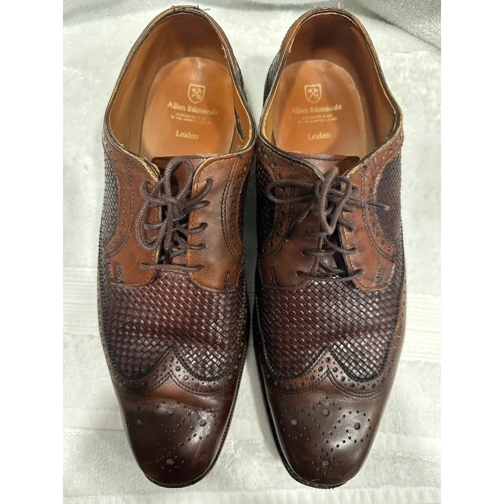 Allen Edmonds Leiden Dark Brown Woven Leather Wingtip Oxford Shoes Mens 12D